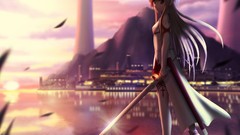 Water Anime blondes cities anime girls brown eyes scenic sword 