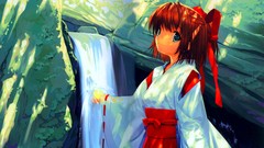 Water Anime brown waterfalls Ribbons rocks kimono anime girls 