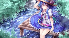 Water Anime dress hats legs blue hair pink eyes anime girls 