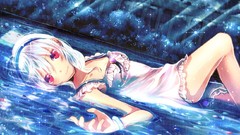 Water Anime dress white hair red eyes anime girls lying down 