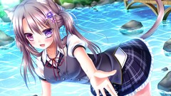 Water anime girls brunettes school uniforms heterochromia 