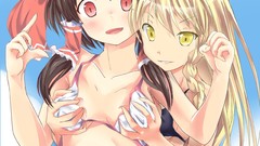 Water Anime red eyes blondes long hair anime girls braids skies 