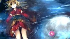 Water Anime wet long hair full moon green eyes nekomimi