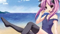 Water Beaches anime girls purple hair thigh highs