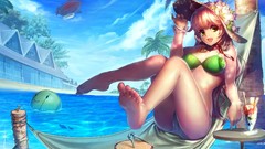 Water Beaches barefoot anime girls green eyes bikini original 