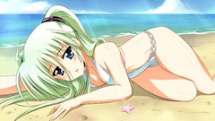 Water Beaches long hair anime girls lying down swimsuits beach 