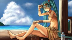 Water Beaches sunglasses long hair barefoot anime girls hatsune 