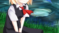 Water bench dress tie red eyes sitting blondes anime girls 