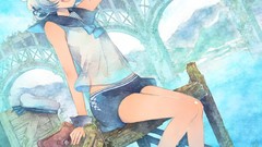 Water Birds sitting barefoot anime girls green eyes short hair 