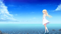 Water blondes long hair barefoot anime girls blue eyes skies 