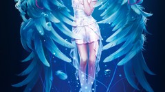 Water blue bubbles wings feathers dress Ribbons long hair anime 