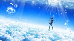 Water blue clouds woman Birds bubbles fish underwater swimming 