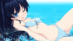 Water blue eyes wink ponytails black hair swimsuits camel toe