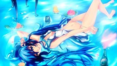 Water blue hair anime girls blue eyes bikini fantasy art