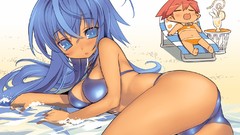 Water blue hair anime girls lying down redheads dark skin 