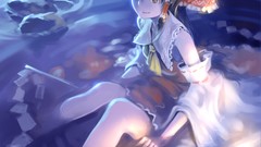 Water blue staff sitting red dress bows long hair anime girls 