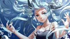 Water blue text bubbles dress underwater Ribbons blue hair long 