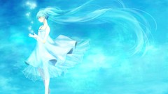 Water blue wind dress blue hair long hair barefoot anime girls 