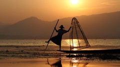 Water Boats fishermen silhouettes Fishing net