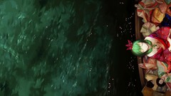 Water Boats kimono long hair anime girls closed eyes green hair 