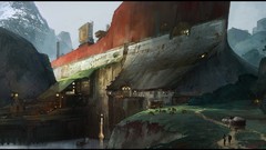 Water Boats ruins buildings cities cattle sci-fi artwork
