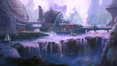 Water Boats waterfalls cities concept art artwork futuristic