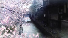 Water branches spring watercolor Japanese anime girls cherry 