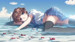 Water brown anime girls blue eyes short hair seifuku thigh highs