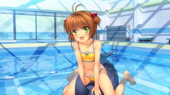 Water brown anime girls green eyes brunettes short hair card 