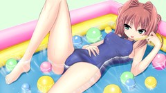 Water brown wet pink hair barefoot anime girls blue eyes short 