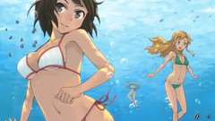 Water bubbles fish Anime underwater blondes barefoot gray eyes 