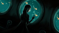 Water bubbles fish brown dress long hair green eyes