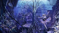 Water bubbles fish underwater buildings barefoot anime girls 