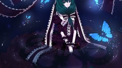 Water Butterflies woman sitting sad bows long hair green eyes 