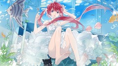 Water cats windows fish Anime underwater pink hair long hair 