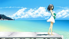 Water clouds Anime Beaches cities long hair barefoot anime 