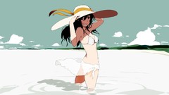 Water clouds Anime hats Ribbons Beaches smiling anime girls 