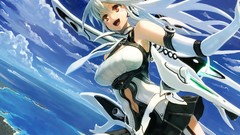 Water clouds Anime white hair red eyes gloves skirts long hair 