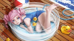 Water clouds balls teeth pink hair long hair anime girls blue 