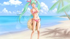 Water clouds Beaches long hair hatsune miku vocaloid bikini 