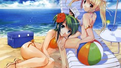 Water clouds Beaches sunglasses anime girls green eyes green 