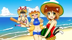 Water clouds bow Ribbons watermelons Beaches fruits bows 