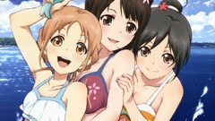 Water clouds brown anime girls blue eyes black hair open mouth 