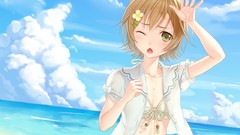 Water clouds brown Beaches anime girls green eyes short hair