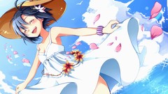 Water clouds dress hats outdoors blue hair anime girls closed 