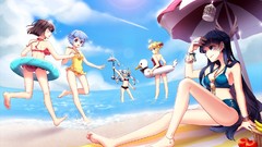 Water clouds fish wings Beaches blue hair long hair barefoot 