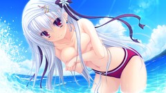 Water clouds navel white hair red eyes bow Ribbons swimming 