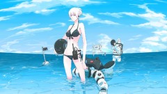 Water clouds ocean Anime white hair pink hair anime girls short 