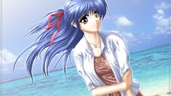Water clouds ocean Beaches shore blue hair anime girls yellow 