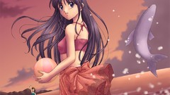 Water clouds ocean Dolphins Beaches anime girls brunettes 